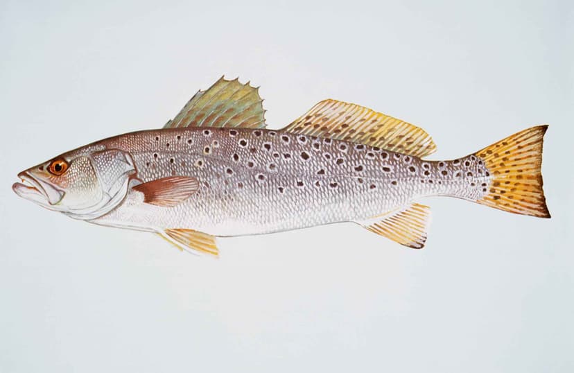 Speckled trout with distinctive black spots held over seagrass flats